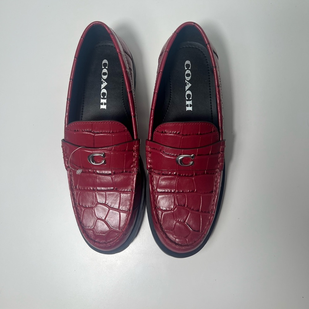 Coach Jocelyn Croc Embossed Dark Ruby Red Leather Slip On Penny Loafers Flats - Picture 6 of 13